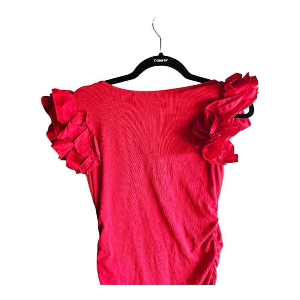 BOSTON PROPER Ruffle Knit Rib Ruched Dress Racing Red - Size Medium - Picture 5 of 9
